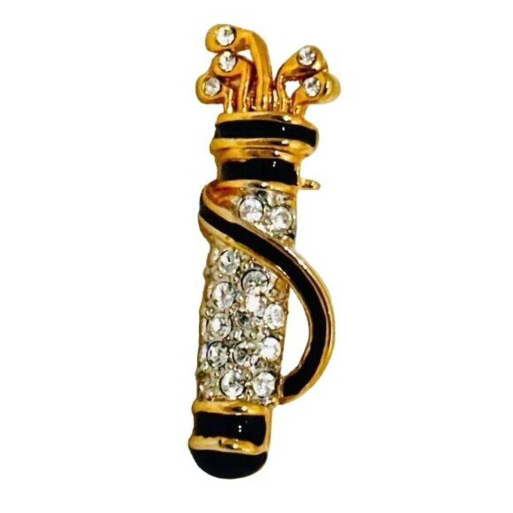 Vintage Gold Tone Small Golf Bag Brooch Pin - Enameled w/Crystals